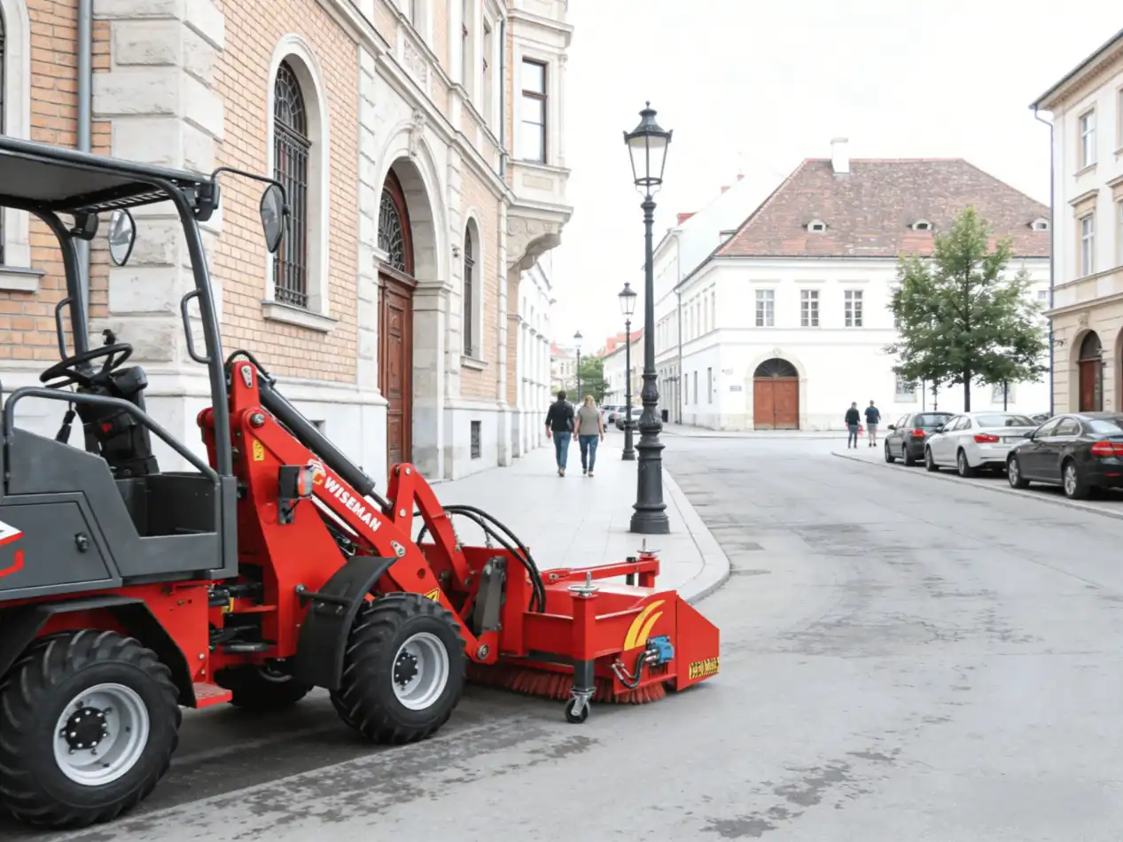 Carregadoras com acessório de varredora: Equipamentos eficientes para a limpeza de ruas em cidades europeias.